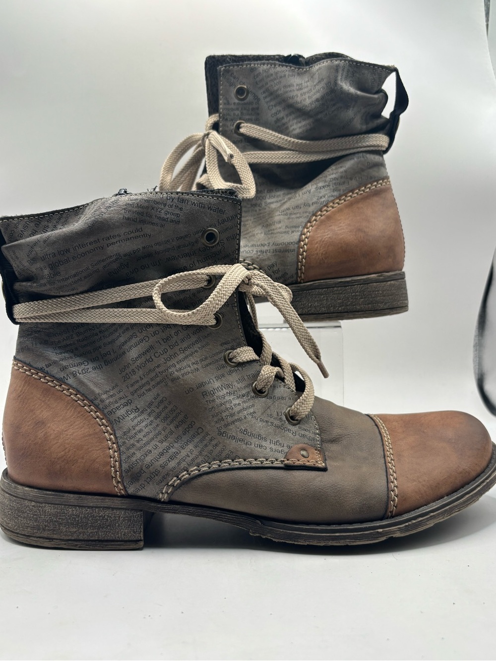 Rieker Distressed Newspaper Print Ankle Boots | Size 40 (US 8.5-9)